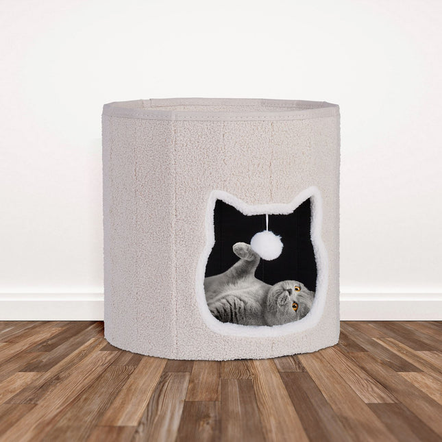 Foldable Beige Cat Cave with Cushion and Toy