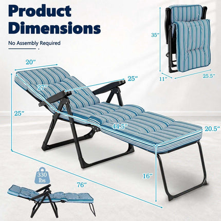 Foldable Blue Sun Lounger with Adjustable Backrest & Cushion