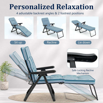 Foldable Blue Sun Lounger with Adjustable Backrest & Cushion