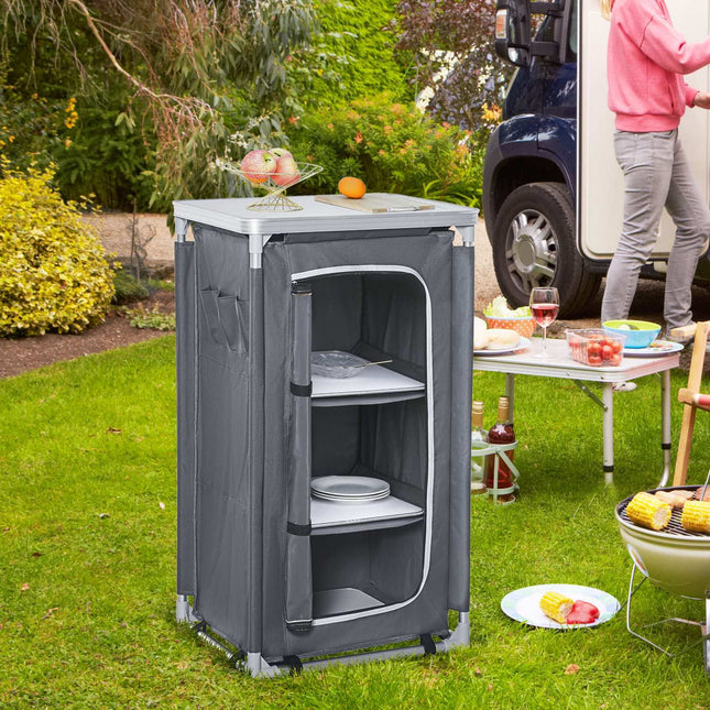 Folding camping kitchen cabinet with worktop & 3 shelves