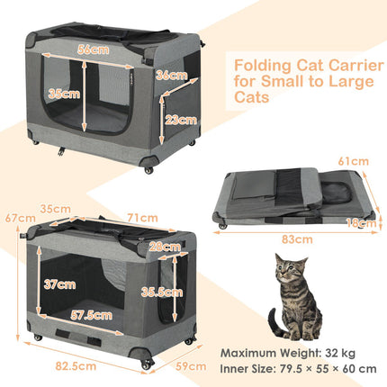 Foldable Cat Carrier, XL, 4 Lockable Wheels, Mesh Doors