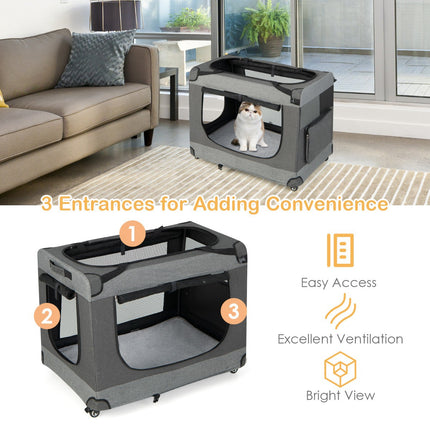 Foldable Cat Carrier, XL, 4 Lockable Wheels, Mesh Doors