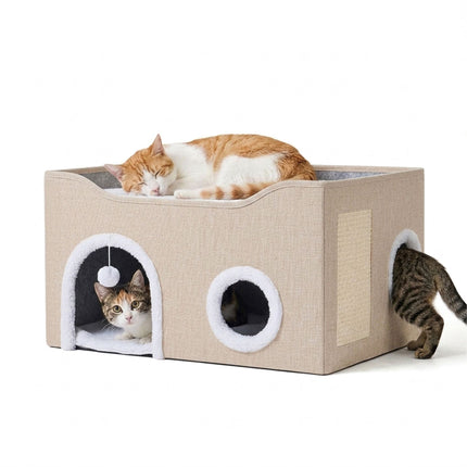 Foldable Cat Cave with Scratch Pad, Beige, 34x60x40 cm