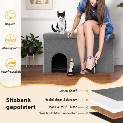 Foldable Cat House & Bench with Litter Box, 90x50x50 cm, Grey