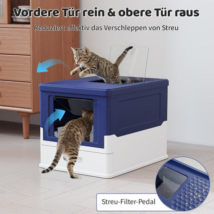 Foldable Cat Litter Box with Lid & Pull-Out Tray, Blue