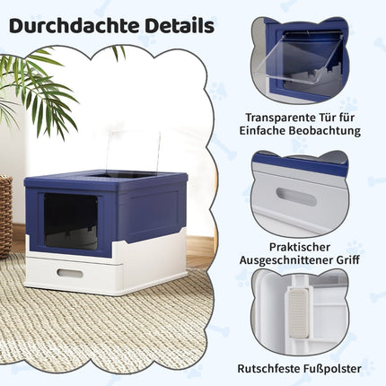 Foldable Cat Litter Box with Lid & Pull-Out Tray, Blue