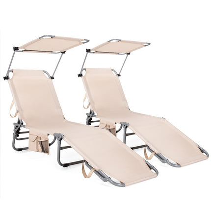 Foldable Chaise Lounge Chair With Sunshade, Side Pocket