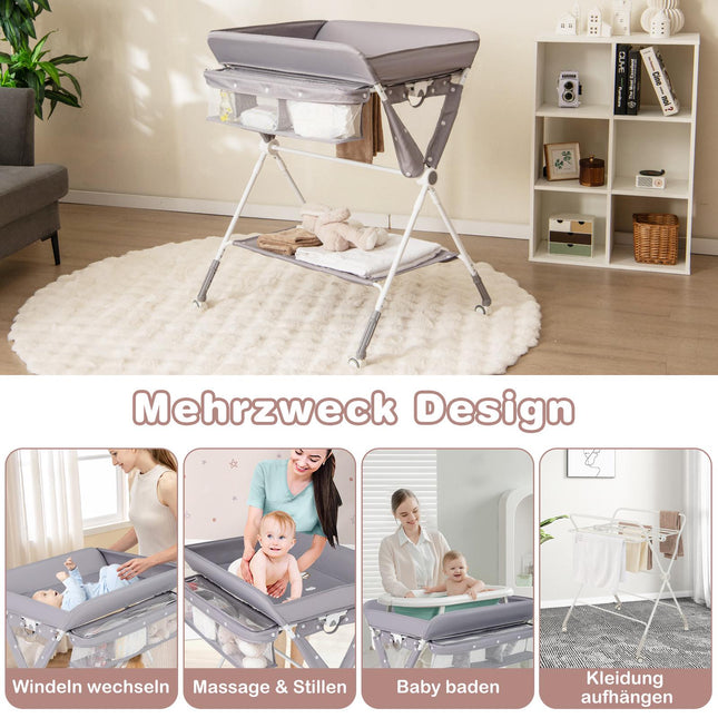 Foldable Changing Table with Adjustable Height & Wheels, Gray