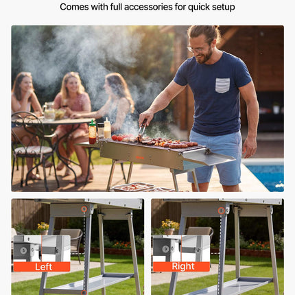 Foldable Charcoal Grill, 250 Sq In, Lift Tray, Tables