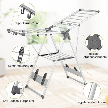 Foldable Clothes Drying Rack, Adjustable Height, 21 Rods