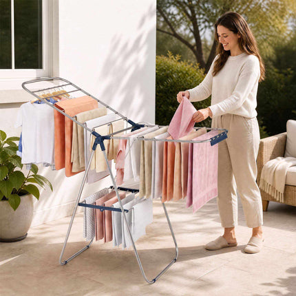 Foldable Clothes Drying Rack with Sock Clips and Wings, Stainless Steel, Blue
