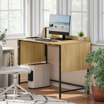 Foldable Computer Desk with 2 Extendable Panels, Oak/Black
