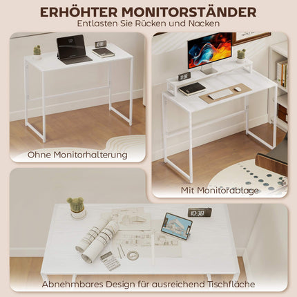 Foldable Computer Desk with Monitor Stand, 100 x 48 cm