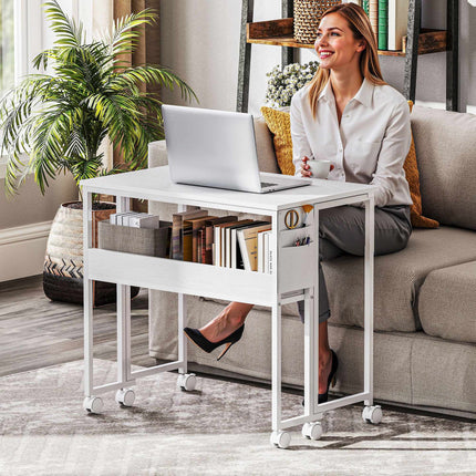 Foldable Desk with Shelf, White, 50-21 cm Depth