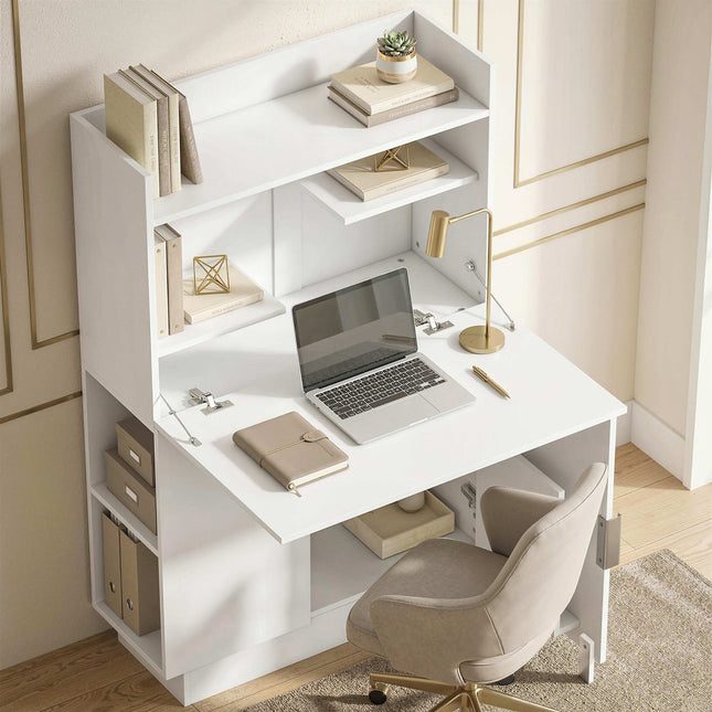 Foldable Desk with Shelves and Cabinet, 128 cm, White