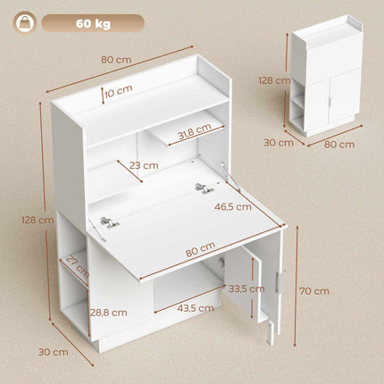 Foldable Desk with Shelves and Cabinet, 128 cm, White