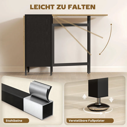 Foldable Dining Table with Shelves, Dark Wood & Black