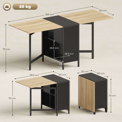 Foldable Dining Table with Shelves, Dark Wood & Black