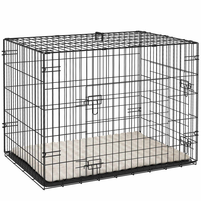 Foldable Dog Crate with 2 Doors, Tray, Cushion, Black