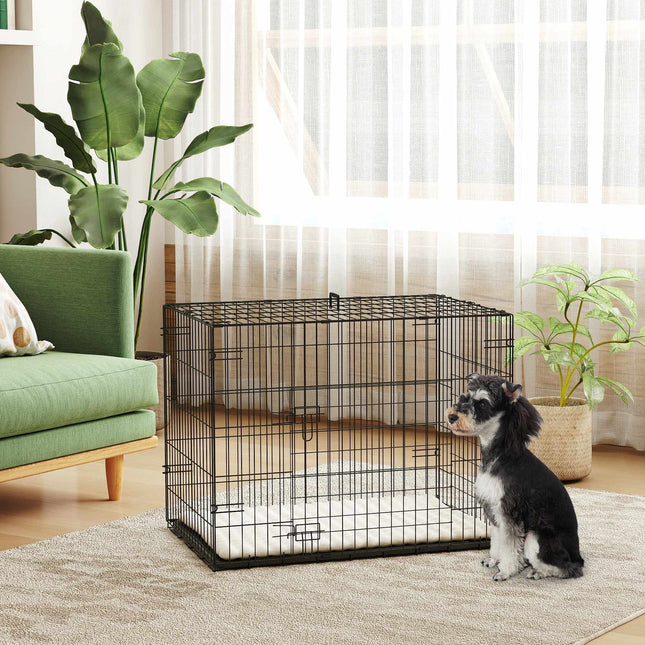 Foldable Dog Crate with 2 Doors, Tray, Cushion, Black