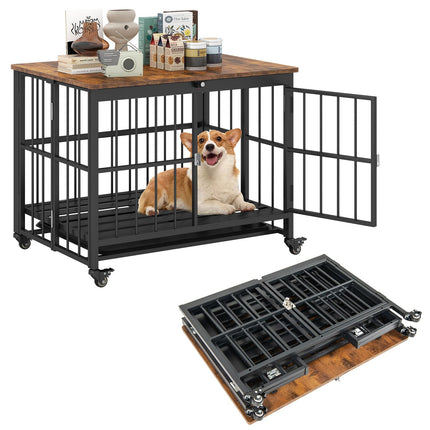 Foldable Dog Crate with Wheels & Removable Tray