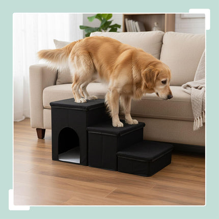 Foldable Dog Stairs, 3 Steps with Storage and Non-Slip Base