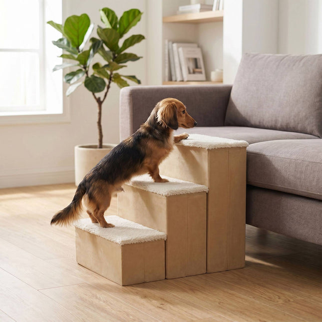 Foldable Dog Steps with Storage, Beige, Medium