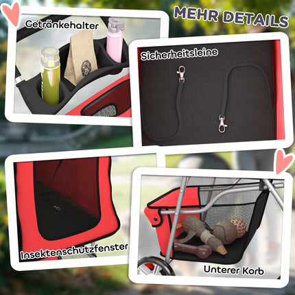 Foldable Dog Stroller, Red, Up to 10 kg, Cushion
