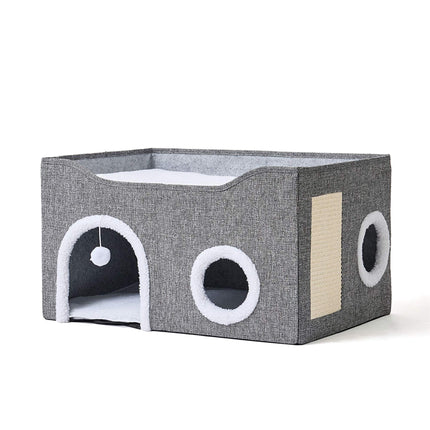 Foldable Grey Cat Cave with Scratch Pad and Cushions