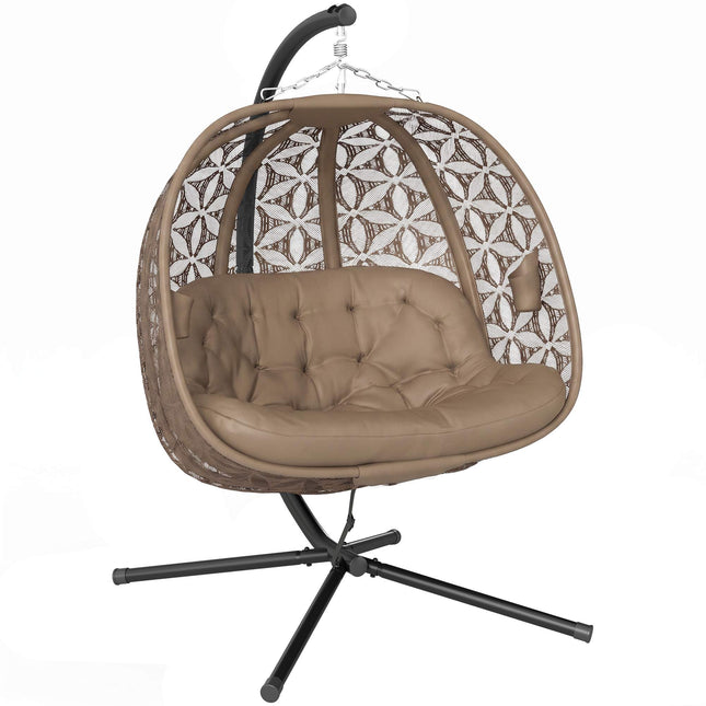 Foldable Hanging Chair with Stand for 2, Cushions & Cup Holders