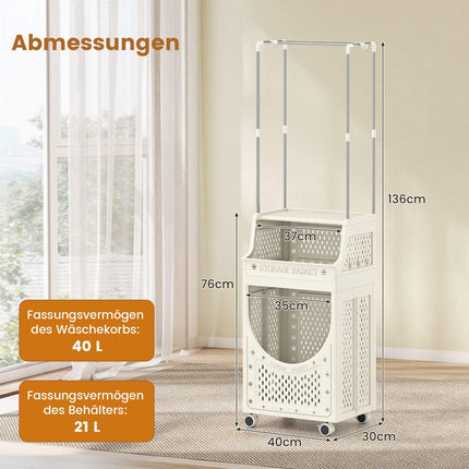 Foldable Laundry Cart with Hanging Rod & Lockable Wheels