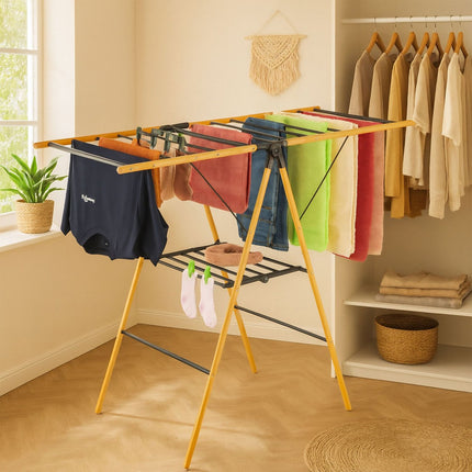 Foldable Laundry Rack – Bamboo & Metal, Winged Design