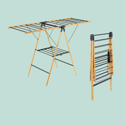 Foldable Laundry Rack – Bamboo & Metal, Winged Design