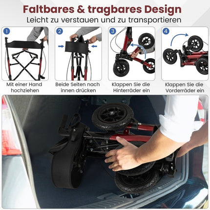 Foldable Lightweight Rollator with Air Tires, Red, 140kg Capacity