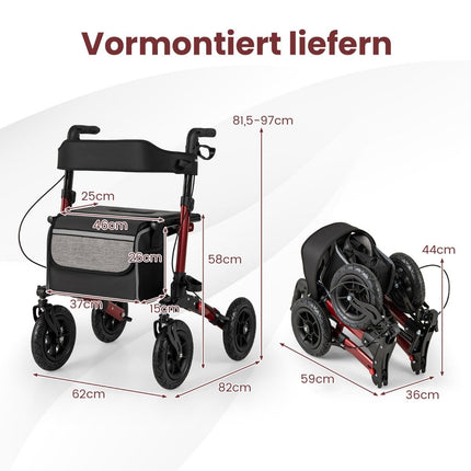 Foldable Lightweight Rollator with Air Tires, Red, 140kg Capacity