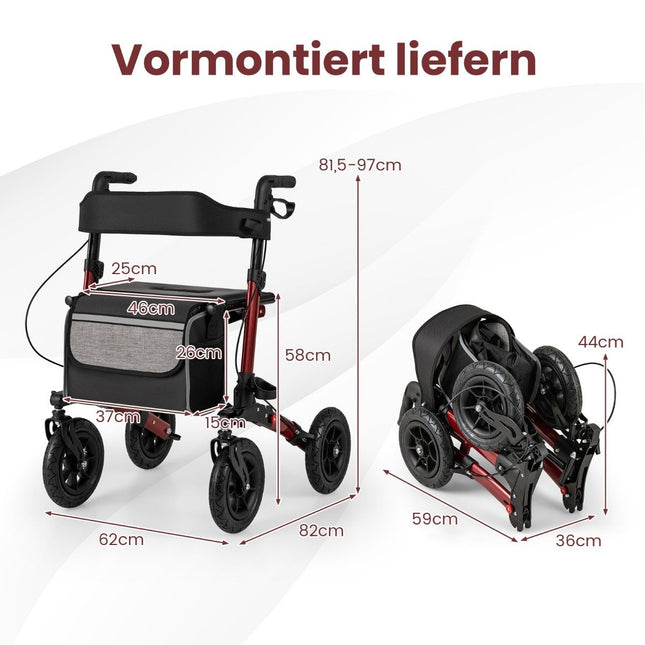 Foldable Lightweight Rollator with Air Tires, Red, 140kg Capacity