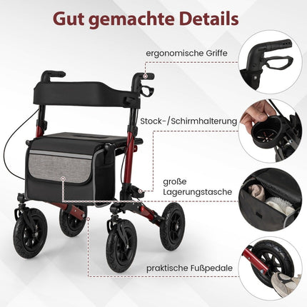 Foldable Lightweight Rollator with Air Tires, Red, 140kg Capacity
