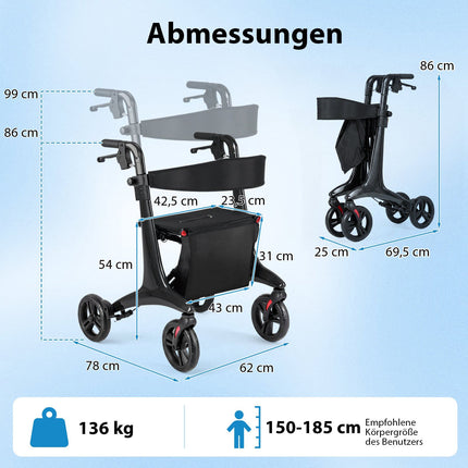 Foldable Lightweight Rollator with Seat, Carbon Fiber, Black