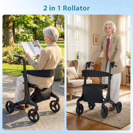 Foldable Lightweight Rollator with Seat, Carbon Fiber, Black