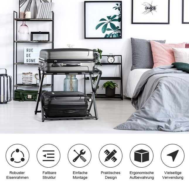 Foldable Luggage Rack with Metal Shelves, Black