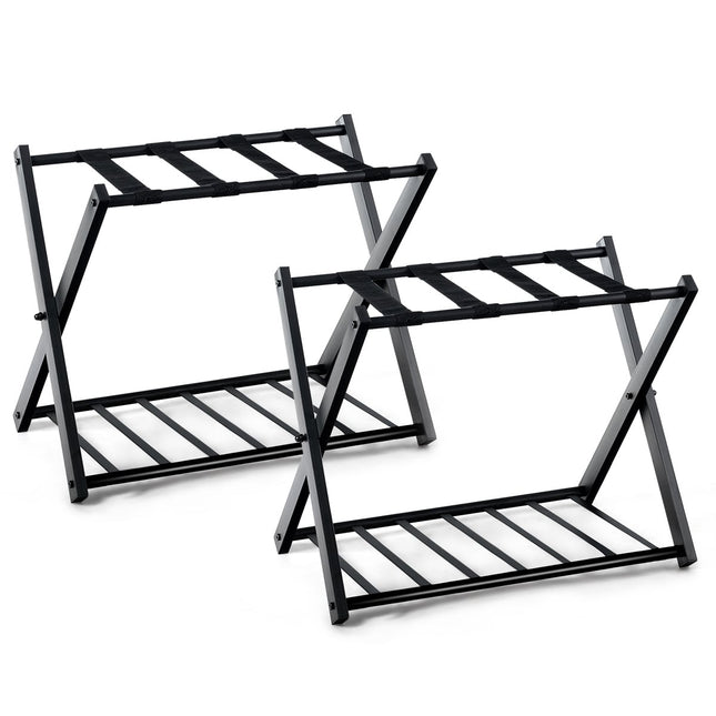 Foldable Metal Luggage Rack with Shelf, Black, 60kg Capacity