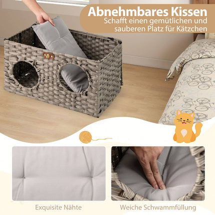 Foldable PE Rattan Cat House with Removable Cushion