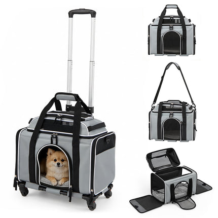 Foldable Pet Carrier with Wheels, Airline Approved, Grey
