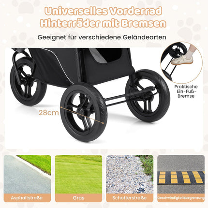 Foldable Pet Stroller, 3-Wheel, 25kg Capacity, Black