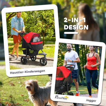 Foldable Pet Stroller, 3 Wheels, Mesh Windows, Red, 10kg Max