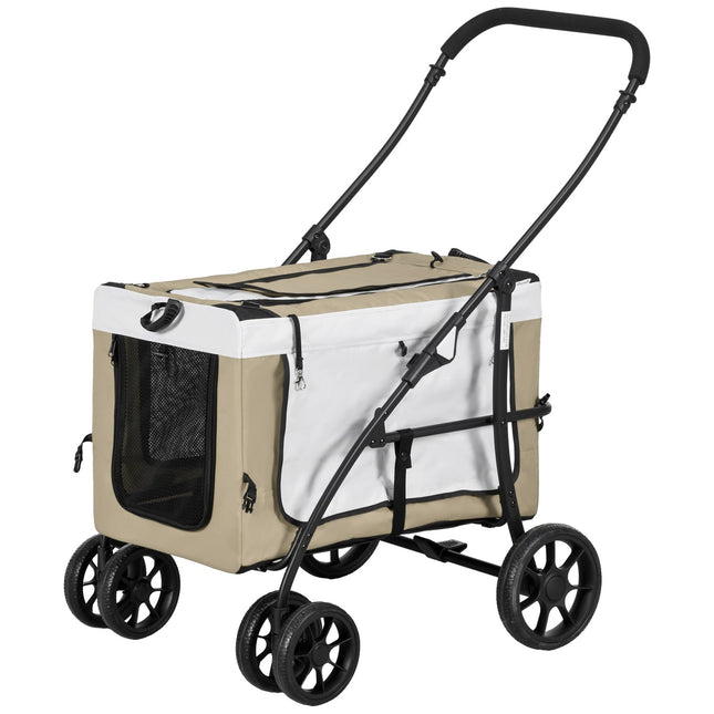 Opvouwbare kinderwagen voor honden en katten, afneembare draagtas, schouderbanden, 4 wielen met remmen, 600D Oxford 81 x 58 x 97,5 cm kaki Aosoom