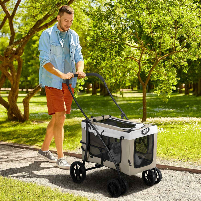 Opvouwbare kinderwagen voor honden en katten, afneembare draagtas, schouderbanden, 4 wielen met remmen, 600D Oxford 81 x 58 x 97,5 cm kaki Aosoom