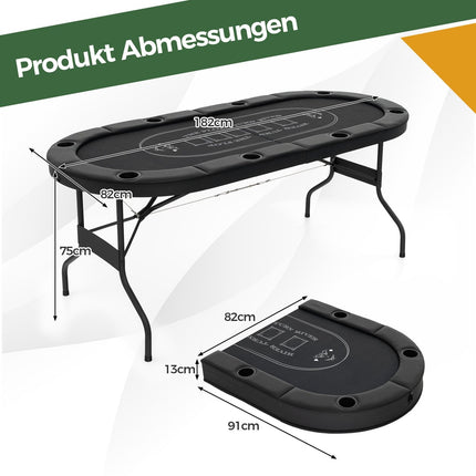 Foldable Poker Table for 8 Players with Cup Holders, Black