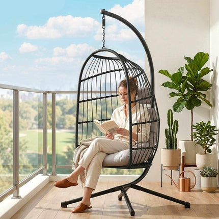 Foldable Polyrattan Hanging Chair with Stand and Cushions