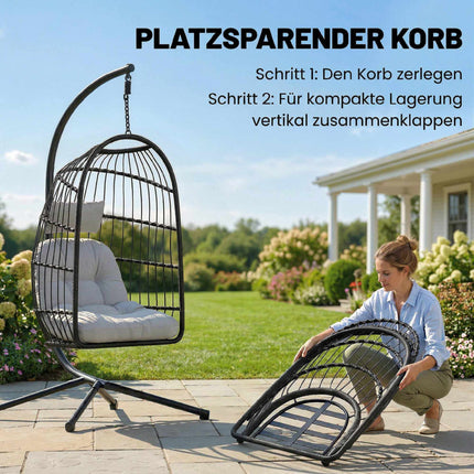 Foldable Polyrattan Hanging Chair with Stand and Cushions